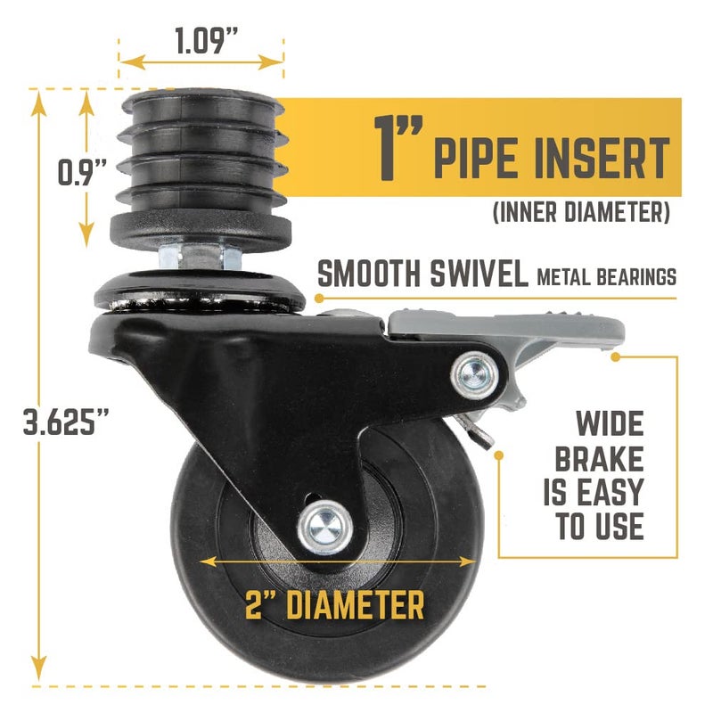 PIPE DECOR Swivel Caster Wheels for 1” Pipe (4-Pack), Casters for Pipe Legs with Locking Mechanism - Image 2